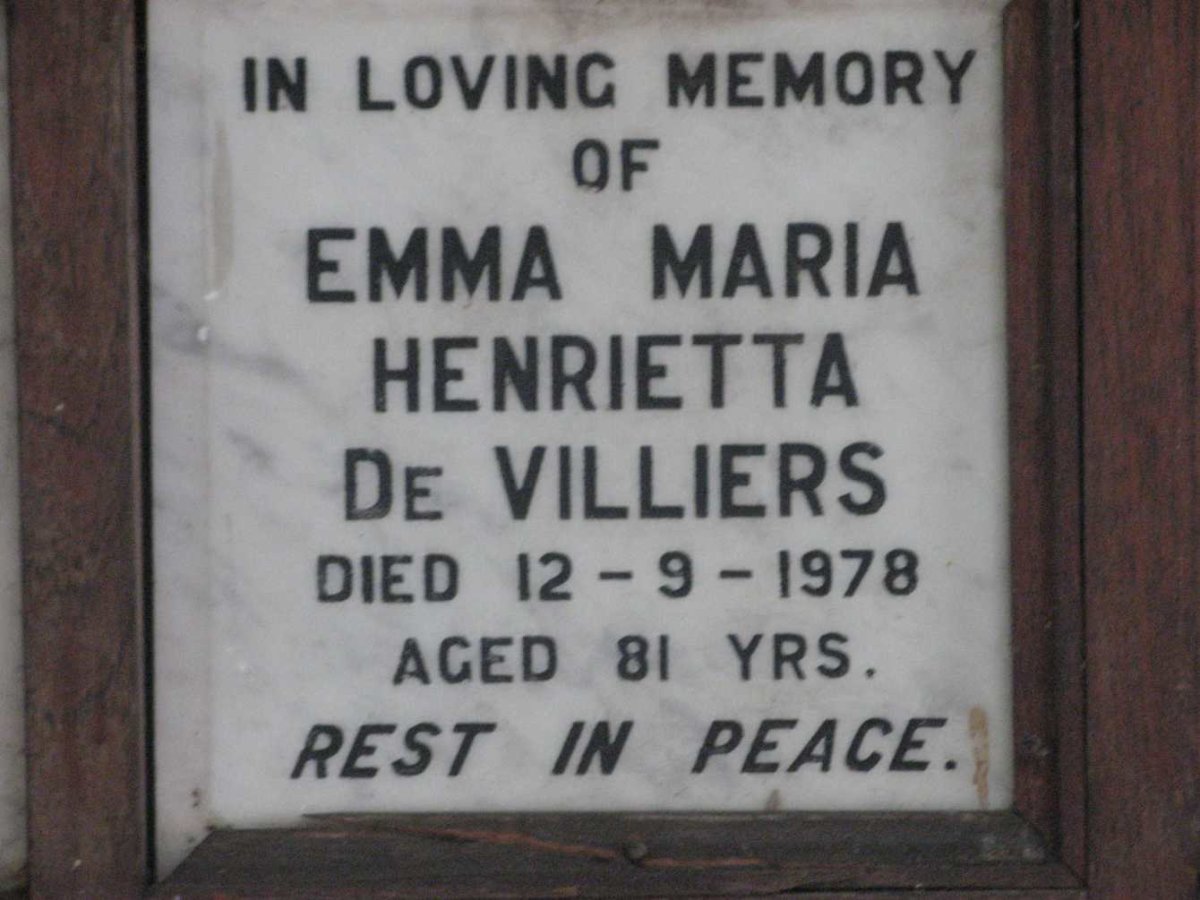 VILLIERS Emma Maria Henrietta, de -1978