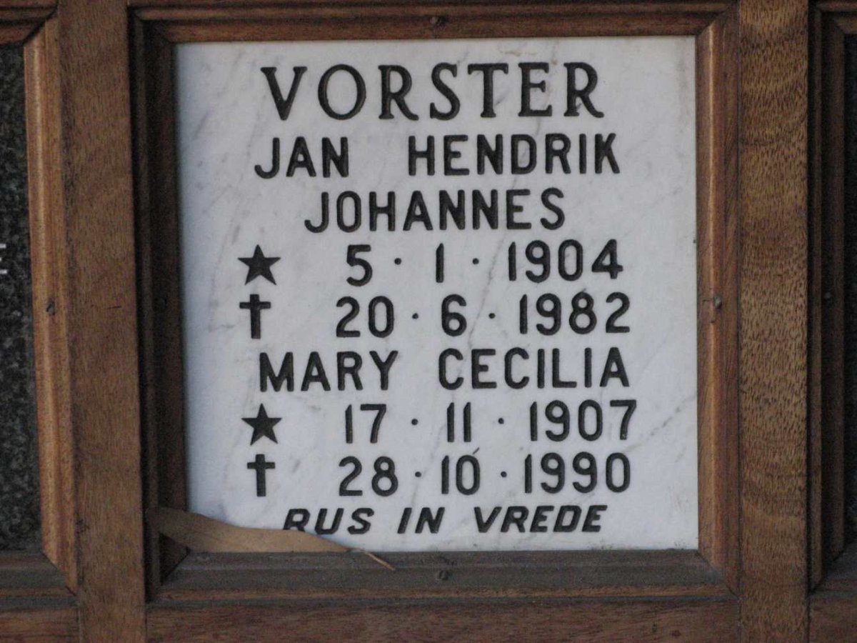 VORSTER Jan Hendrik Johannes 1904-1982 &amp; Mary Cecilia 1907-1990