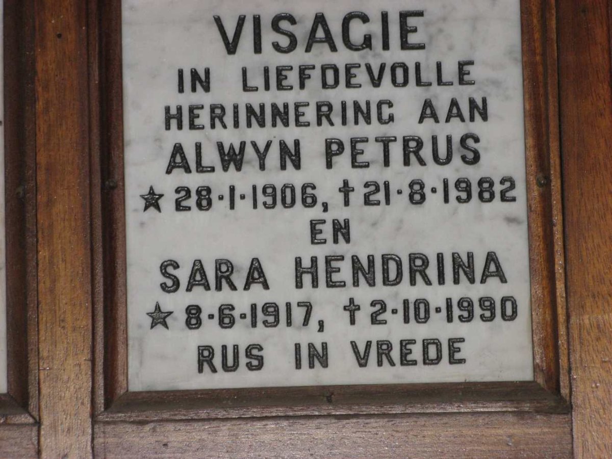 VISAGIE Alwyn Petrus 1906-1982 &amp; Sara Hendrina 1917-1990