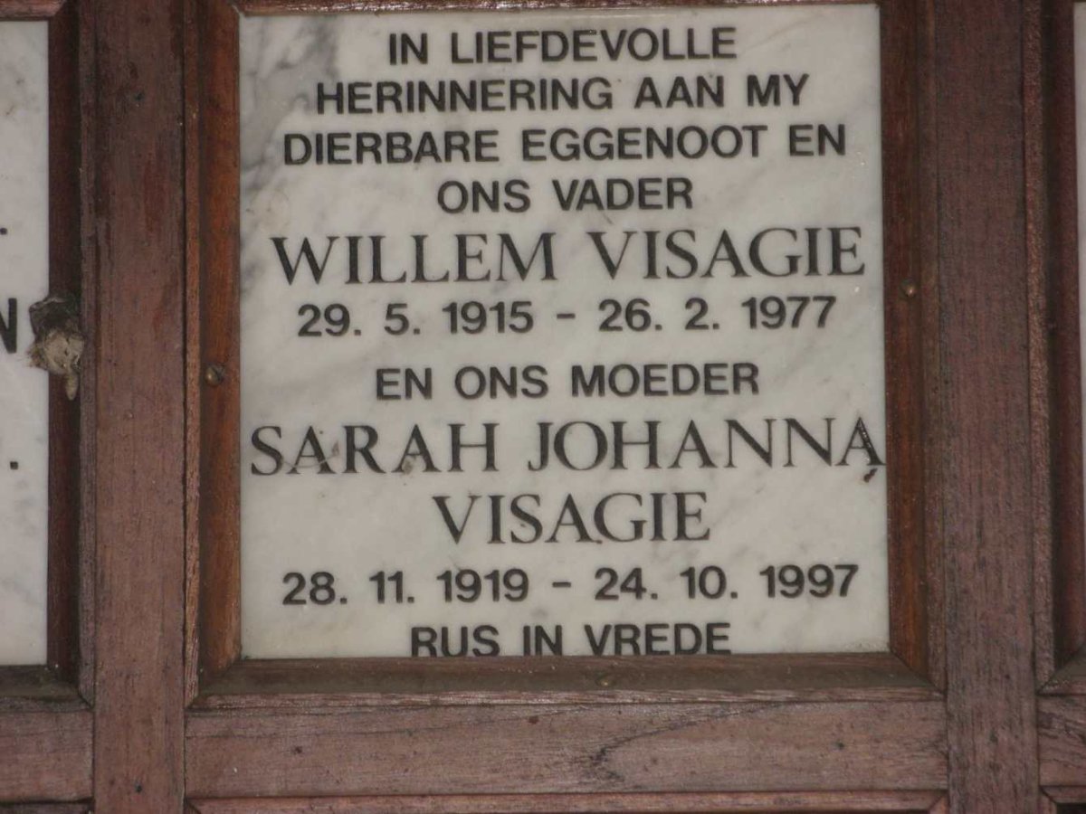 VISAGIE Willem 1915-1977 &amp; Sarah Johanna 1919-1997