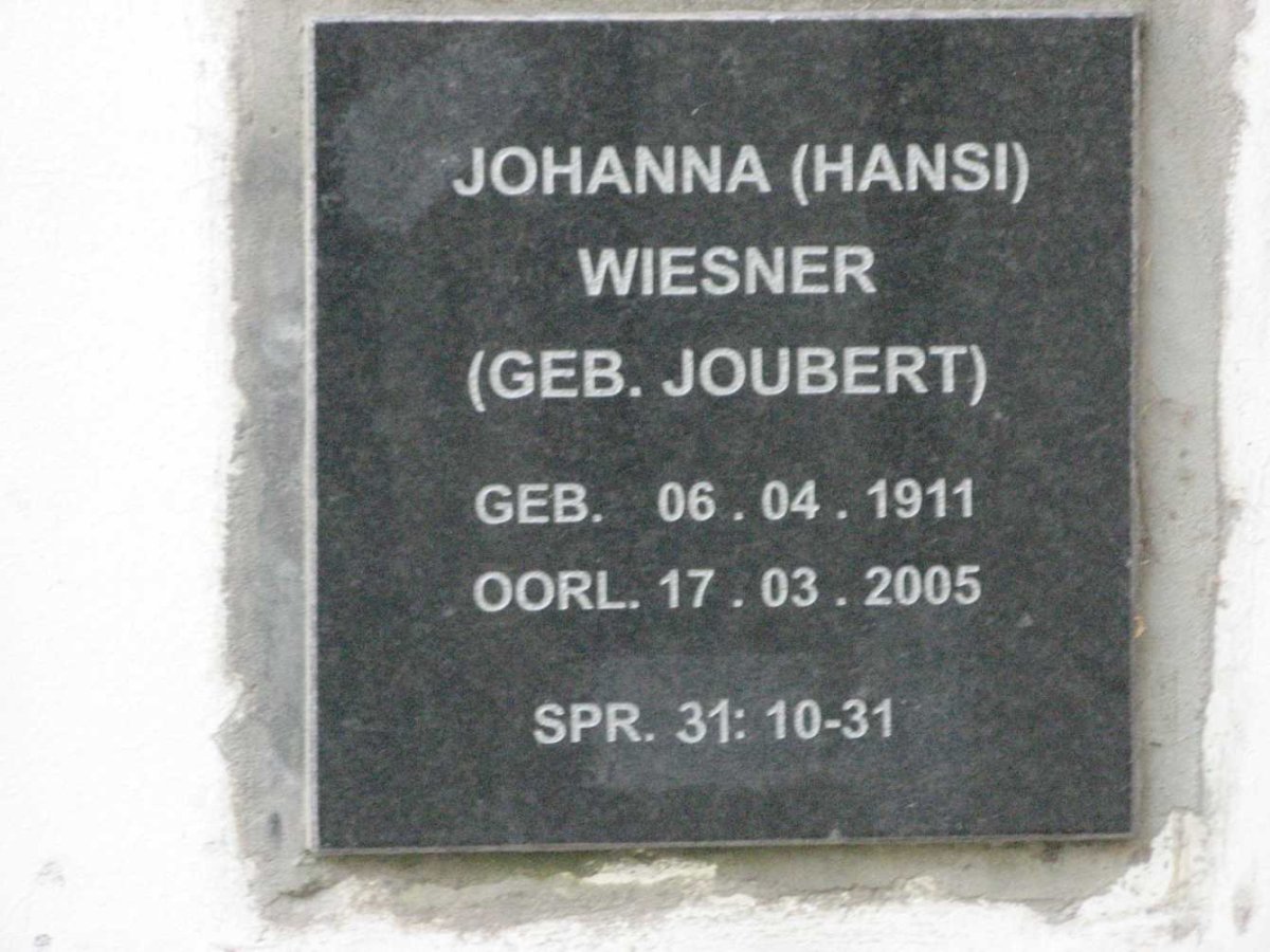 WIESNER Johanna nee JOUBERT 1911-2005