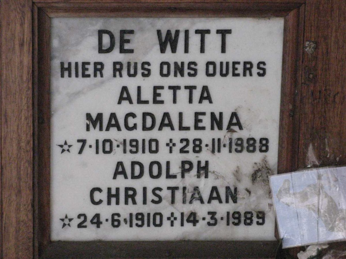 WITT Adolph Christiaan, de 1910-1989 &amp; Aletta Magdalena 1910-1988
