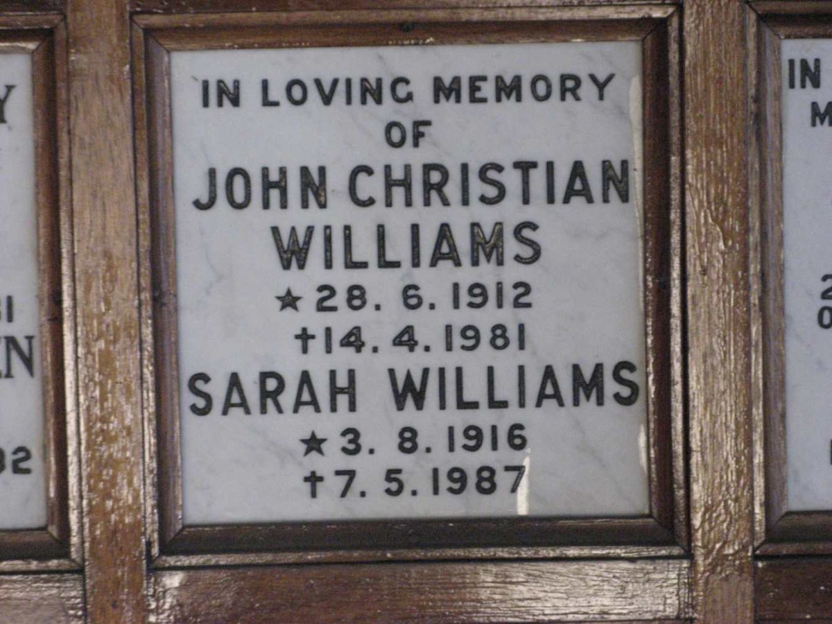 WILLIAMS John Christian 1912-1981 &amp; Sarah 1916-1987