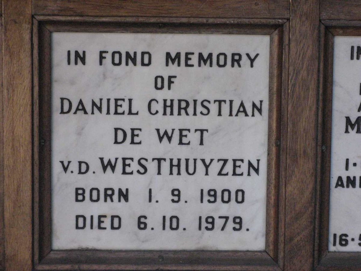 WESTHUYZEN Daniel Christian de Wet, v.d. 1900-1979