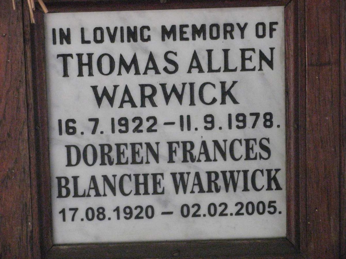 WARWICK Thomas Allen 1922-1978 &amp; Doreen Frances Blanche 1920-2005
