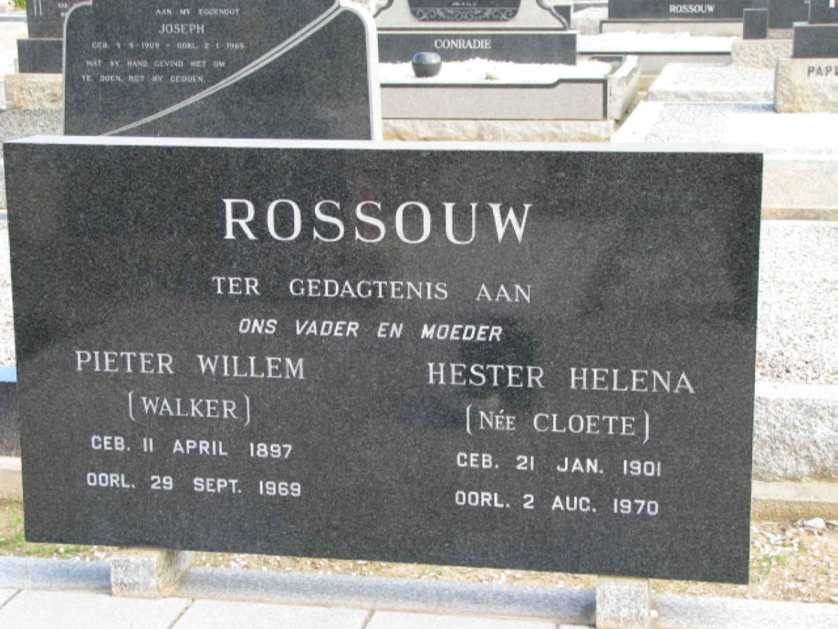 ROSSOUW Pieter Willem 1897-1969 &amp; Hester Helena CLOETE 1901-1970