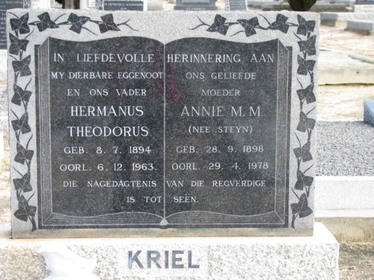 KRIEL Hermanus Theodorus 1894-1963 &amp; Annie M.M. STEYN 1898-1978