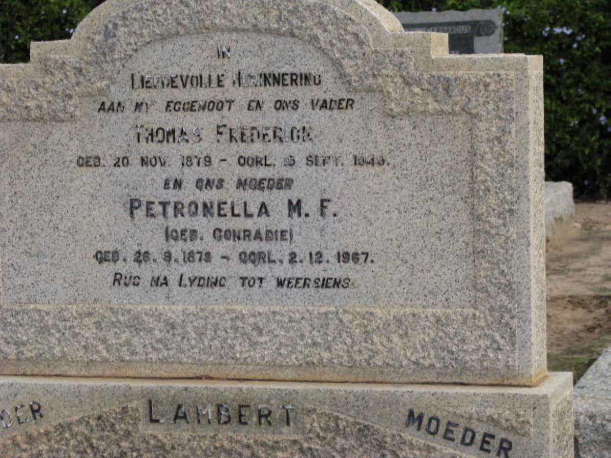 LAMBERT Thomas Frederick 1879-194? &amp; Petronella M.F. CONRADIE 1879-1967