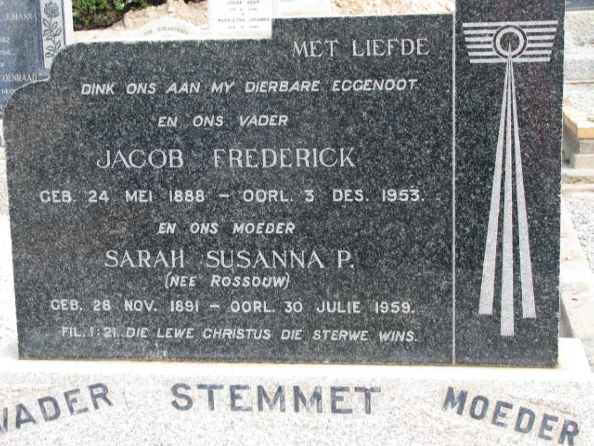 STEMMET Jacob Frederick 1888-1953 &amp; Sarah Susanna P. ROSSOUW 1891-1959