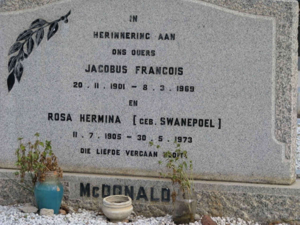 McDONALD Jacobus Francois 1901-1969 &amp; Rosa Hermina SWANEPOEL 1905-1973