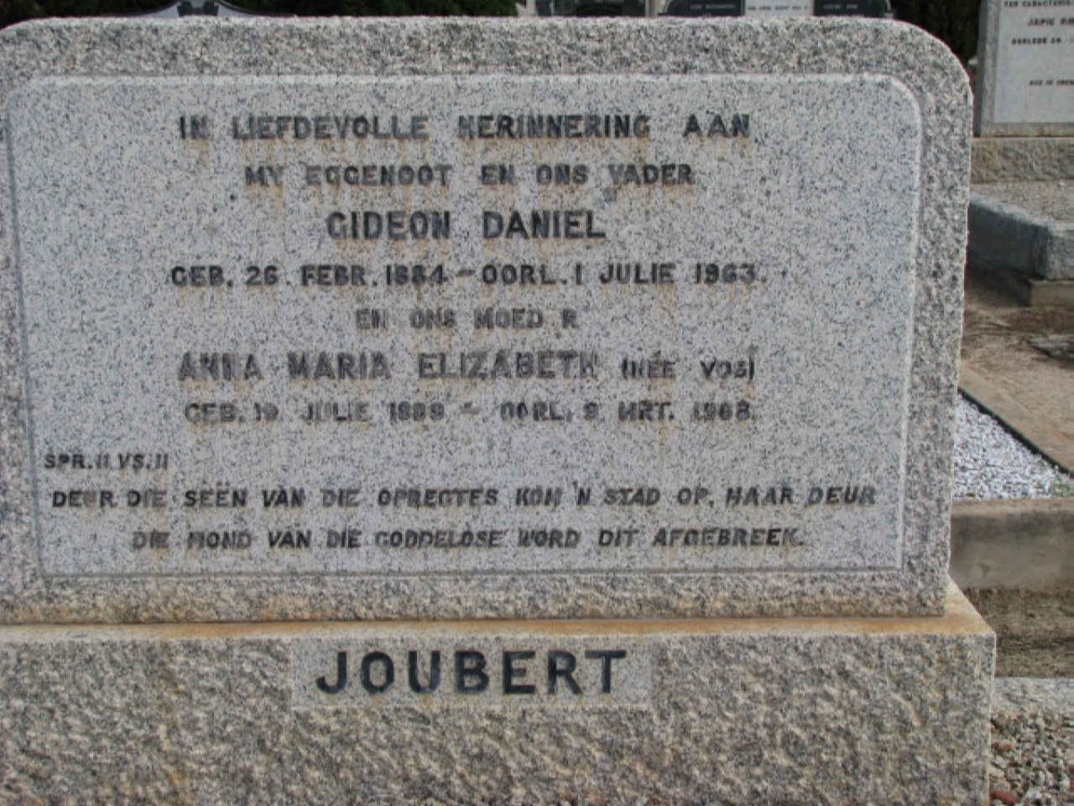 JOUBERT Gideon Daniel 1884-1963 &amp; Anna Maria Elizabeth VOS 1899-1968