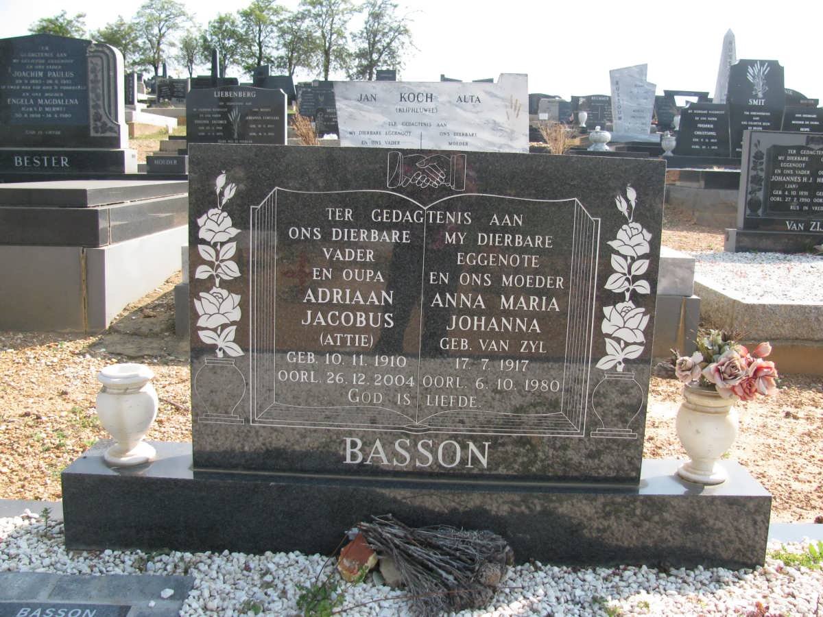 BASSON Adriaan Jacobus 1910-2004 &amp; Anna Maria Johanna VAN ZYL 1917-1980