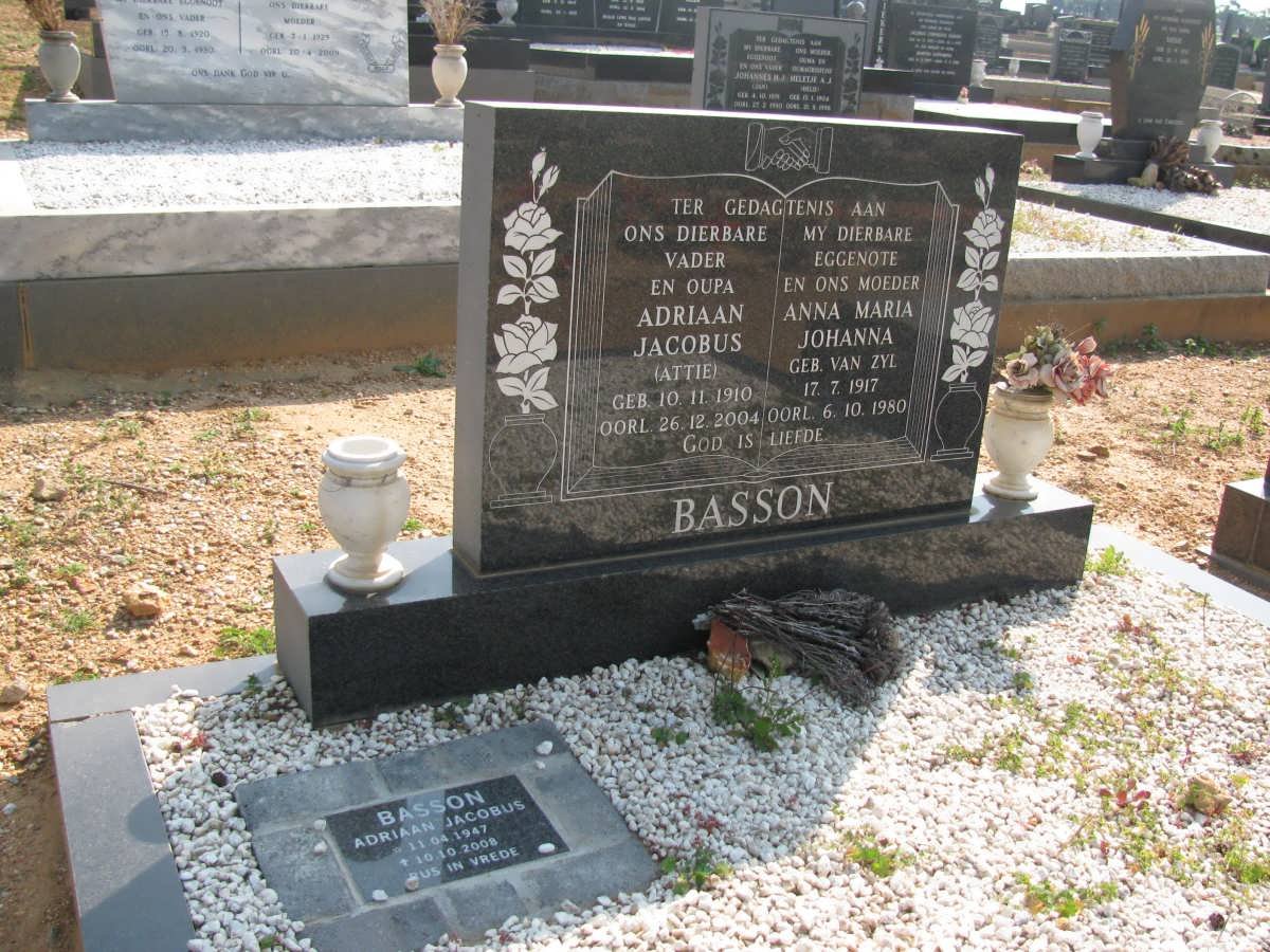 BASSON Adriaan Jacobus 1910-2004 &amp; Anna Maria Johanna VAN ZYL 1917-1980 :: BASSON Adriaan Jacobus 1947-2008