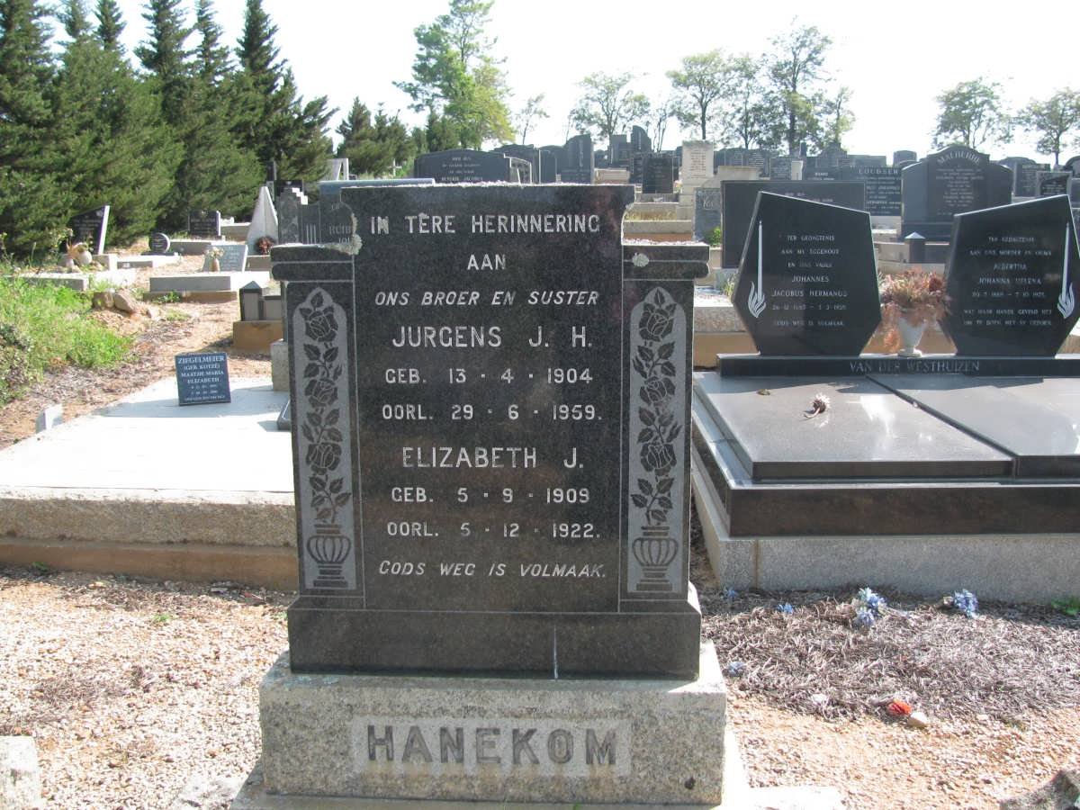 HANEKOM Jurgens J.H. 1904-1959 &amp; Elizabeth J. 1909-1922
