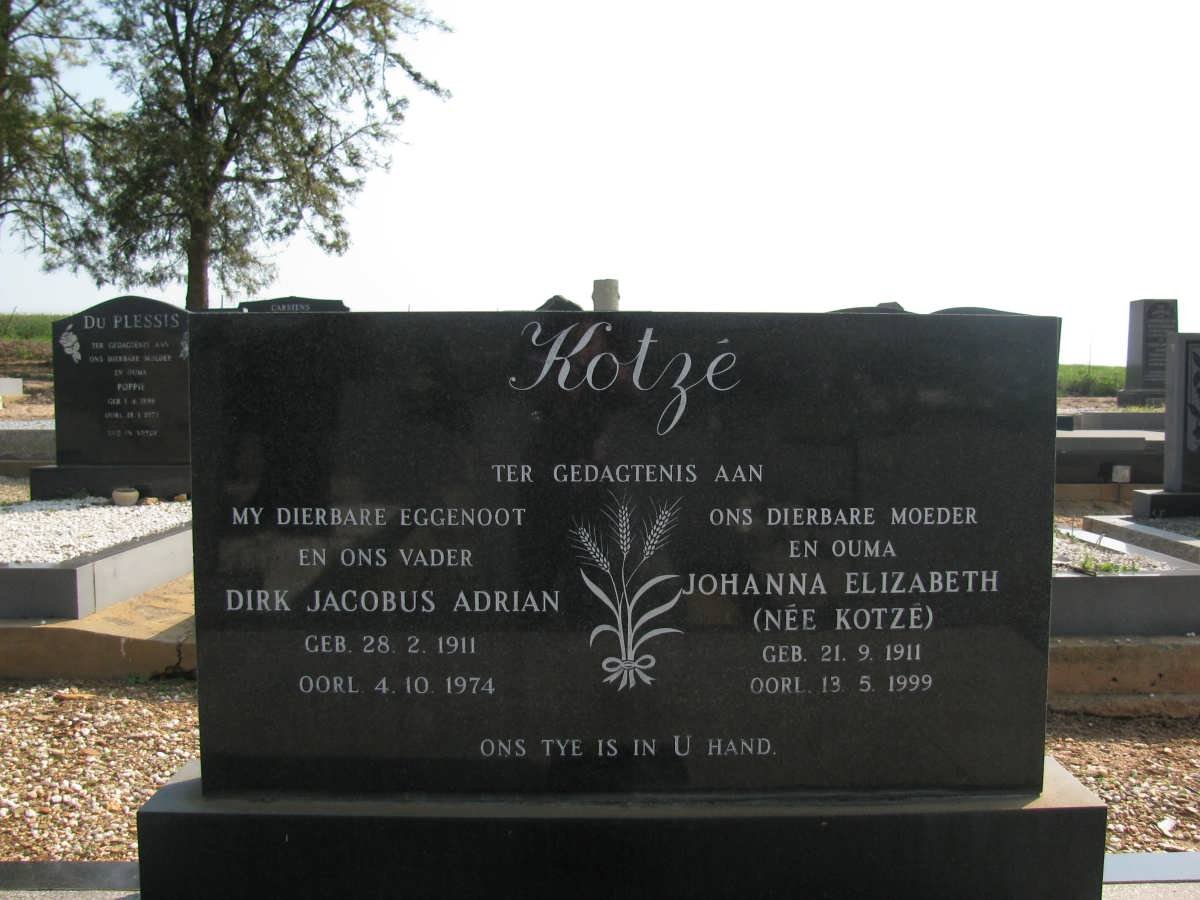 KOTZE Dirk Jacobus Adriaan 1911-1974 &amp; Johanna Elizabeth KOTZE 1911-1999