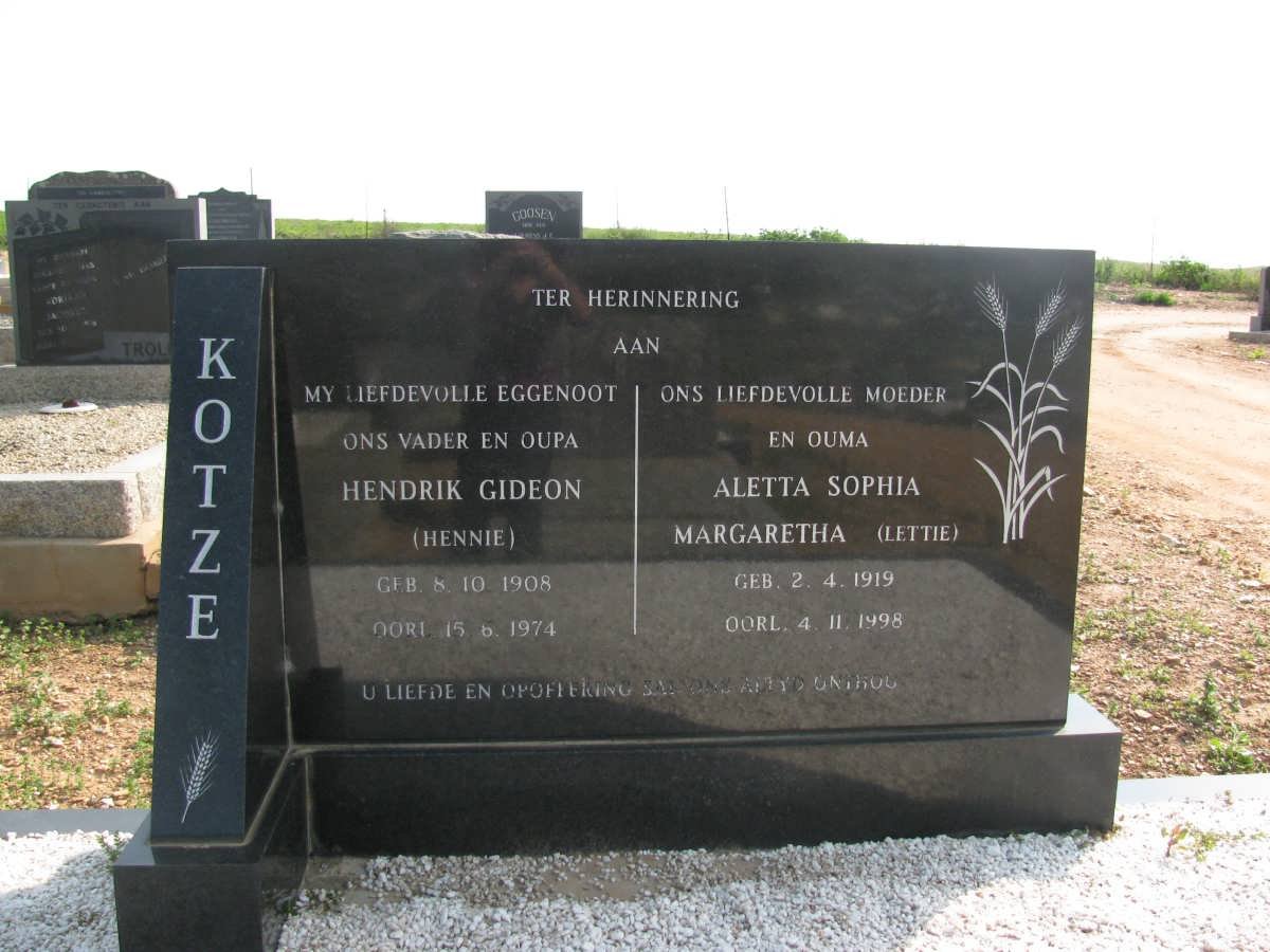 KOTZE Hendrik Gideon 1908-1974 &amp; Aletta Sophia Margaretha 1919-1998