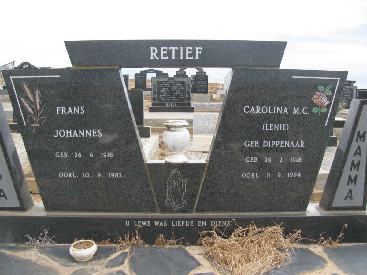 RETIEF Frans Johannes 1916-1982 &amp; Carolina M.C. DIPPENAAR  1918-1994