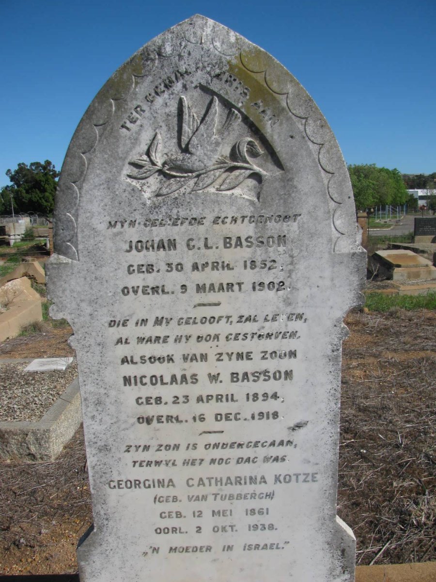 BASSON Johan C.L. 1852-1902 :: BASSON Nicolaas W. 1894-1918 :: KOTZE Georgina Catharina nee VAN TUBBERGH 1861-1938