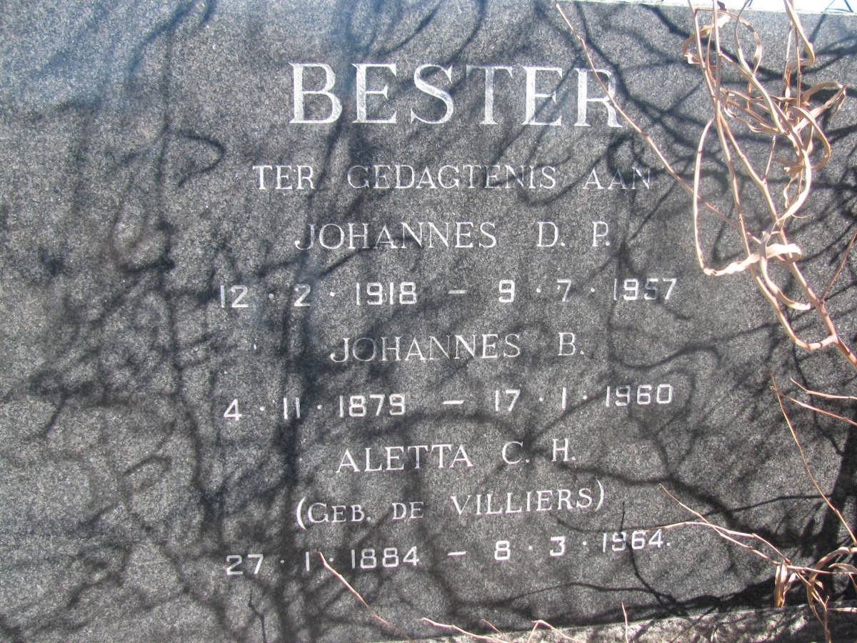 BESTER Johannes B. 1879-1960 &amp; Aletta C.H. DE VILLIERS 1884-1964 :: BESTER Johannes D.P. 1918-1957