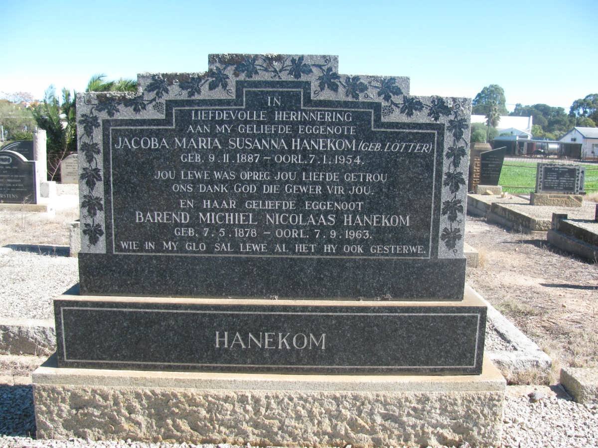 HANEKOM Barend Michiel Nicolaas 1878-1963 &amp; Jacoba Maria Susanna LOTTER 1887-1954