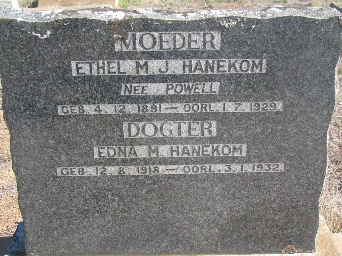 HANEKOM Ethel M.J. nee POWELL 1891-1929 :: HANEKOM Edna M. 1918-1932