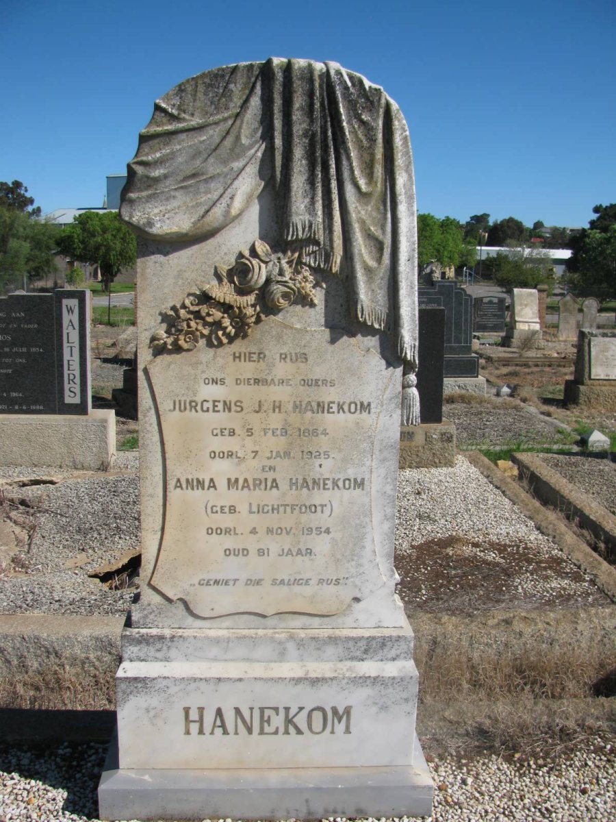 HANEKOM Jurgens J.H. 1864-1925 &amp; Anna Maria LIGHTFOOT -1954