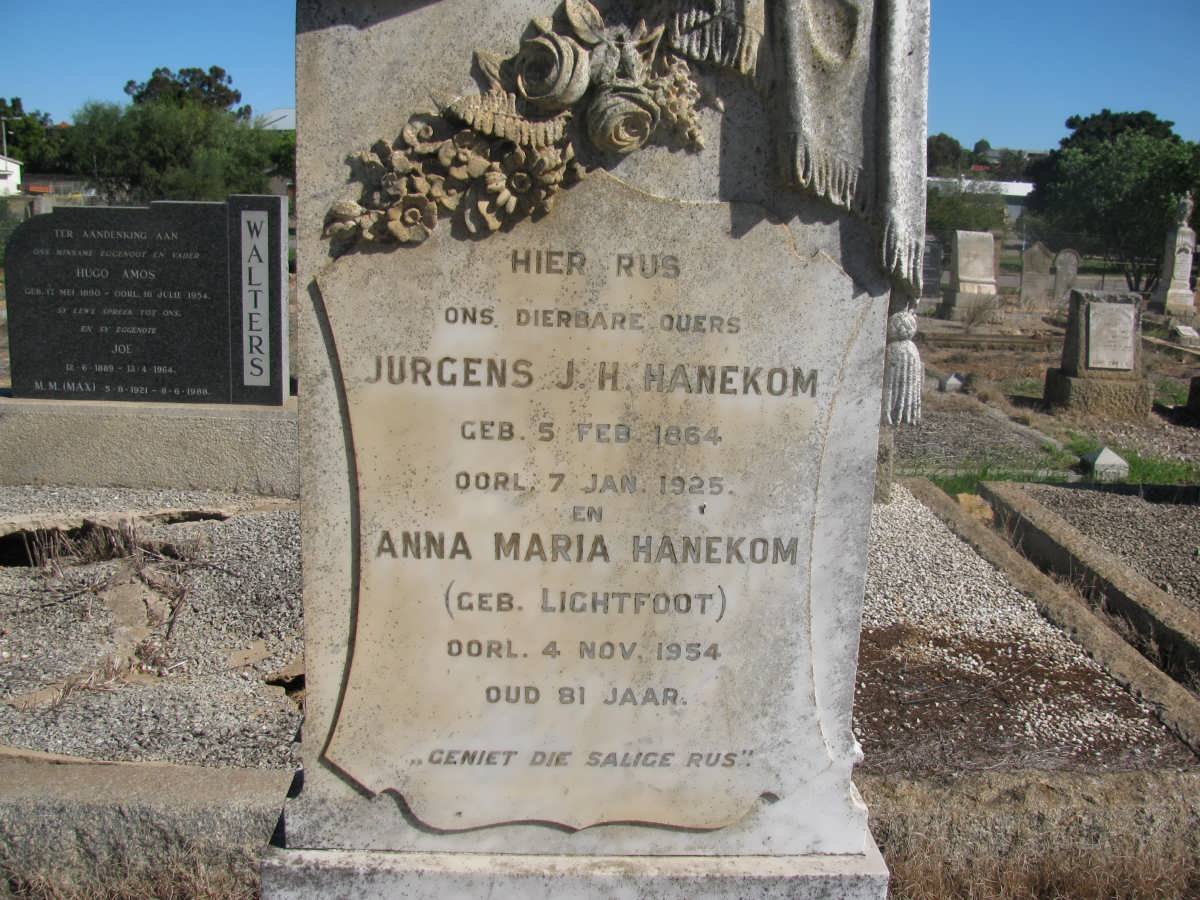HANEKOM Jurgens J.H. 1864-1925 &amp; Anna Maria LIGHTFOOT -1954 