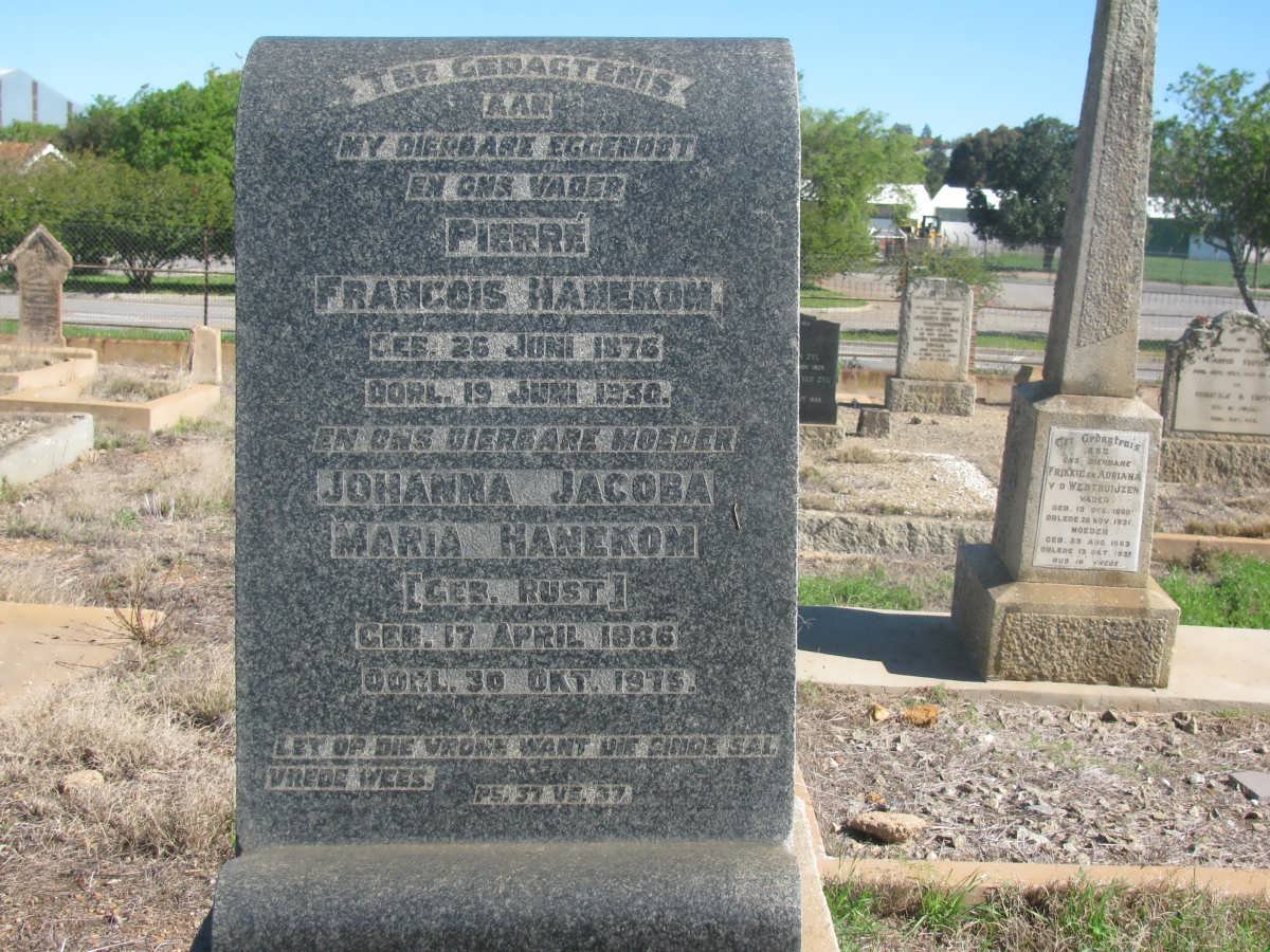 HANEKOM Pierre Francois 1876-1930 &amp; Johanna Jacoba Maria RUST 1886-1975