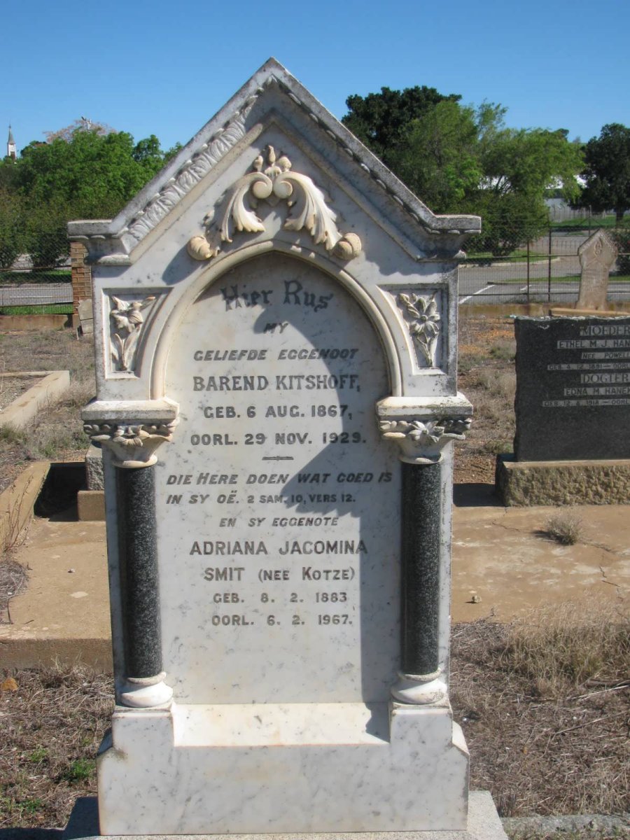 KITSHOFF Barend 1867-1929 &amp; Adriana Jacomina SMIT nee KOTZE 1883-1967