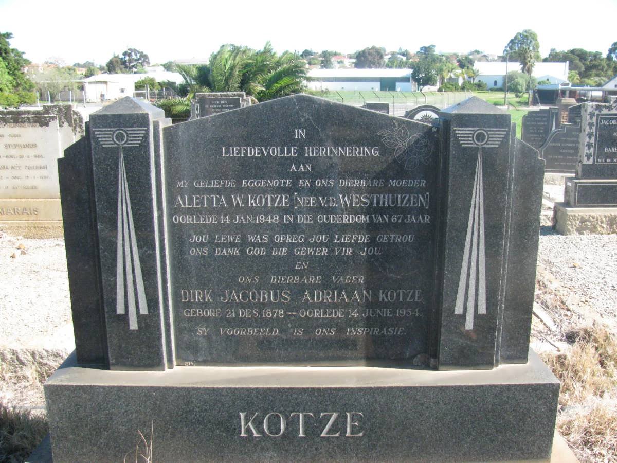 KOTZE Dirk Jacobus Adriaan 1878-1954 &amp; Aletta W. V.D. WESTHUIZEN -1948
