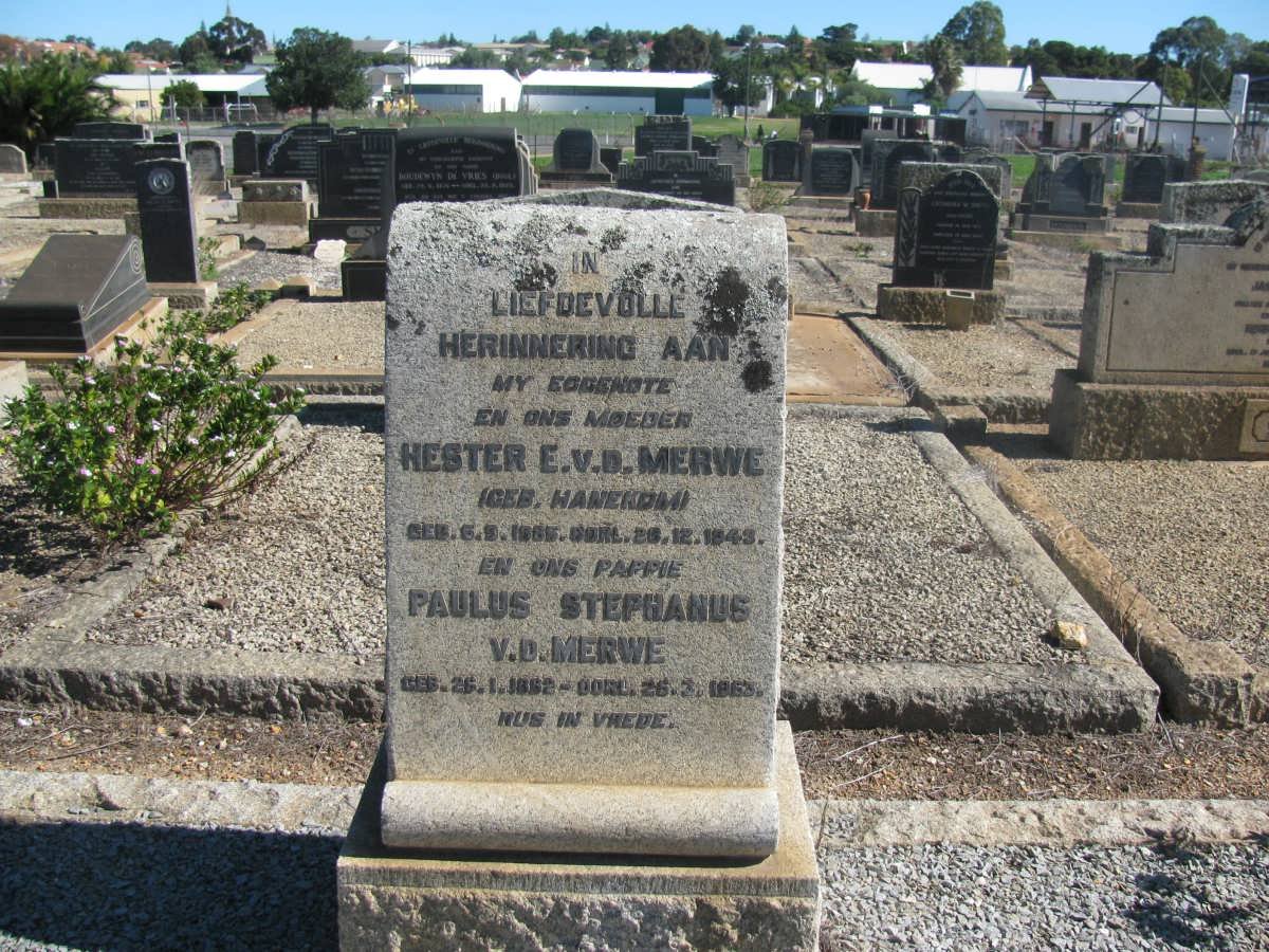 MERWE Paulus Stephanus, v.d 1882-1963 &amp; Hester E. HANEKOM 1885-1943