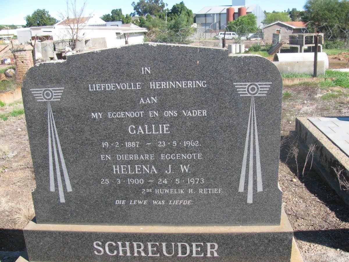 SCHREUDER Callie 1887-1962 &amp; Helena J.W. RETIEF formerly SCHREUDER 1900-1973