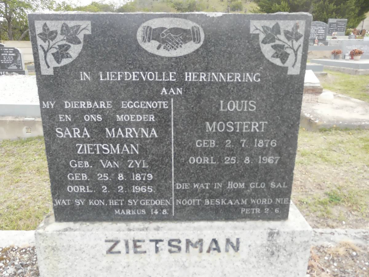 ZIETSMAN Louis Mostert 1876-1967 &amp; Sara Maryna VAN ZYL 1879-1965