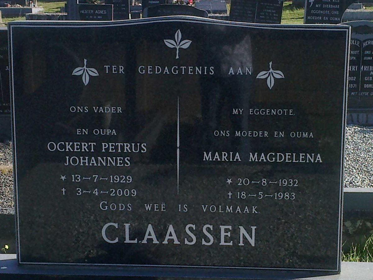 CLAASSEN Ockert Petrus Johannes 1929-2009 &amp; Maria Magdelena 1932-1983