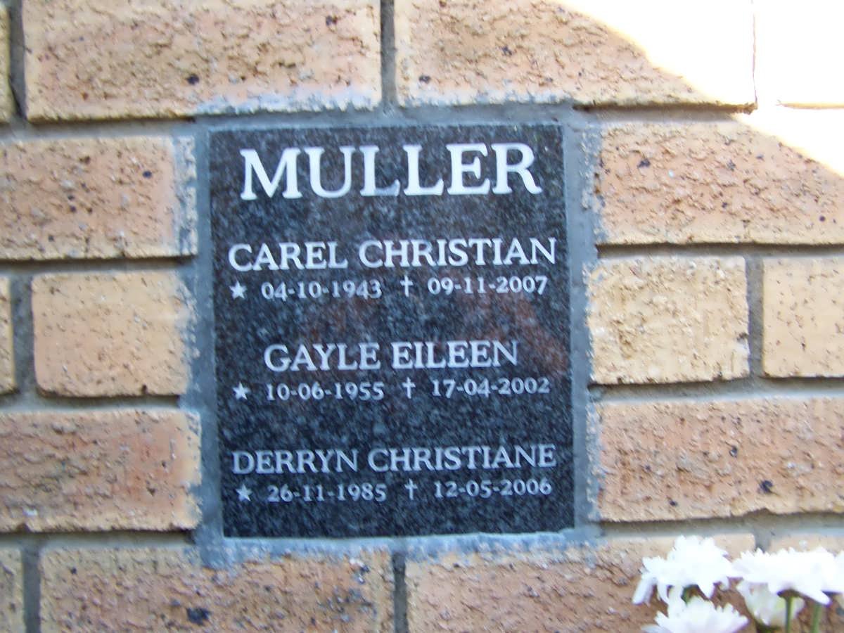 MULLER Carel Christian 1943-2007 &amp; Gayle Eileen 1955-2002 :: MULLER  Derryn Christiane 1985-2006