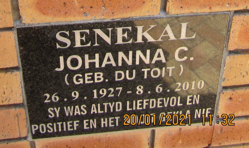 SENEKAL Johanna C. nee DU TOIT 1927-2010