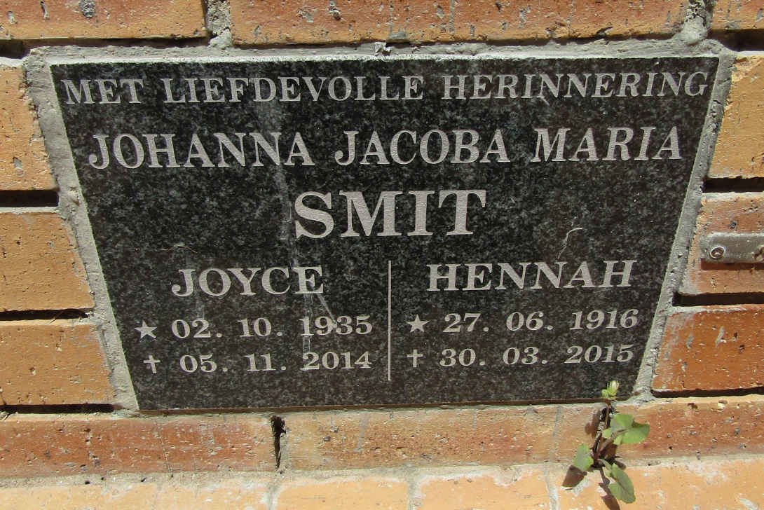 SMIT Hennah 1916-2015 :: SMIT Joyce 1935-2014