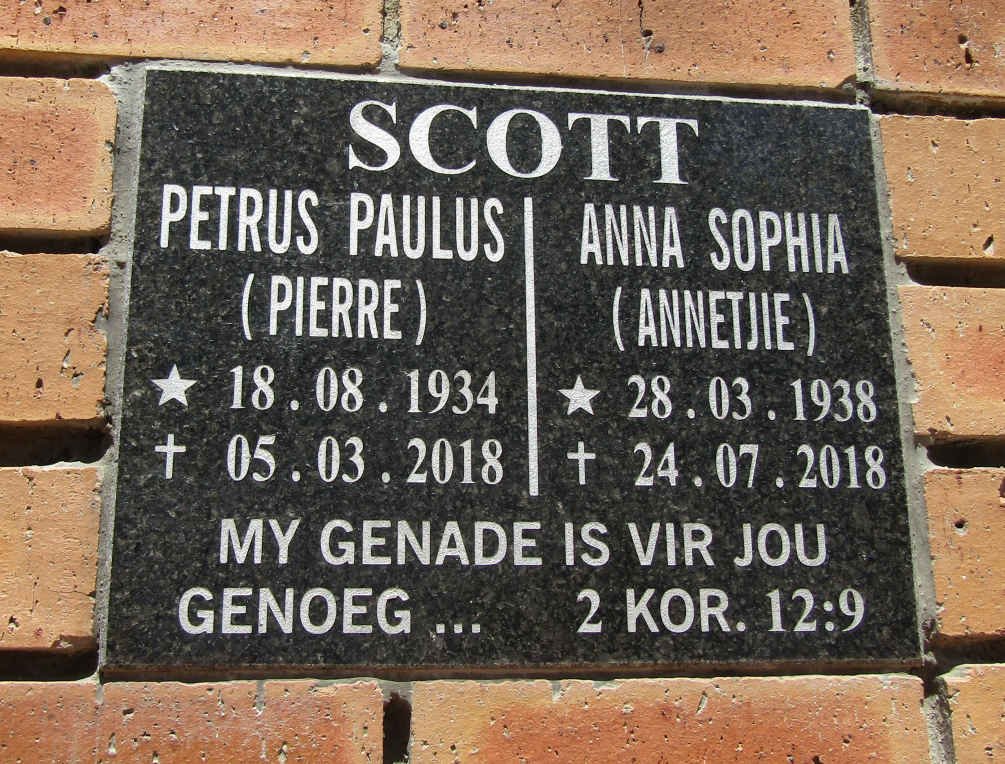 SCOTT Petrus Paulus 1934-2018 &amp; Anna Sophia 1938-2018
