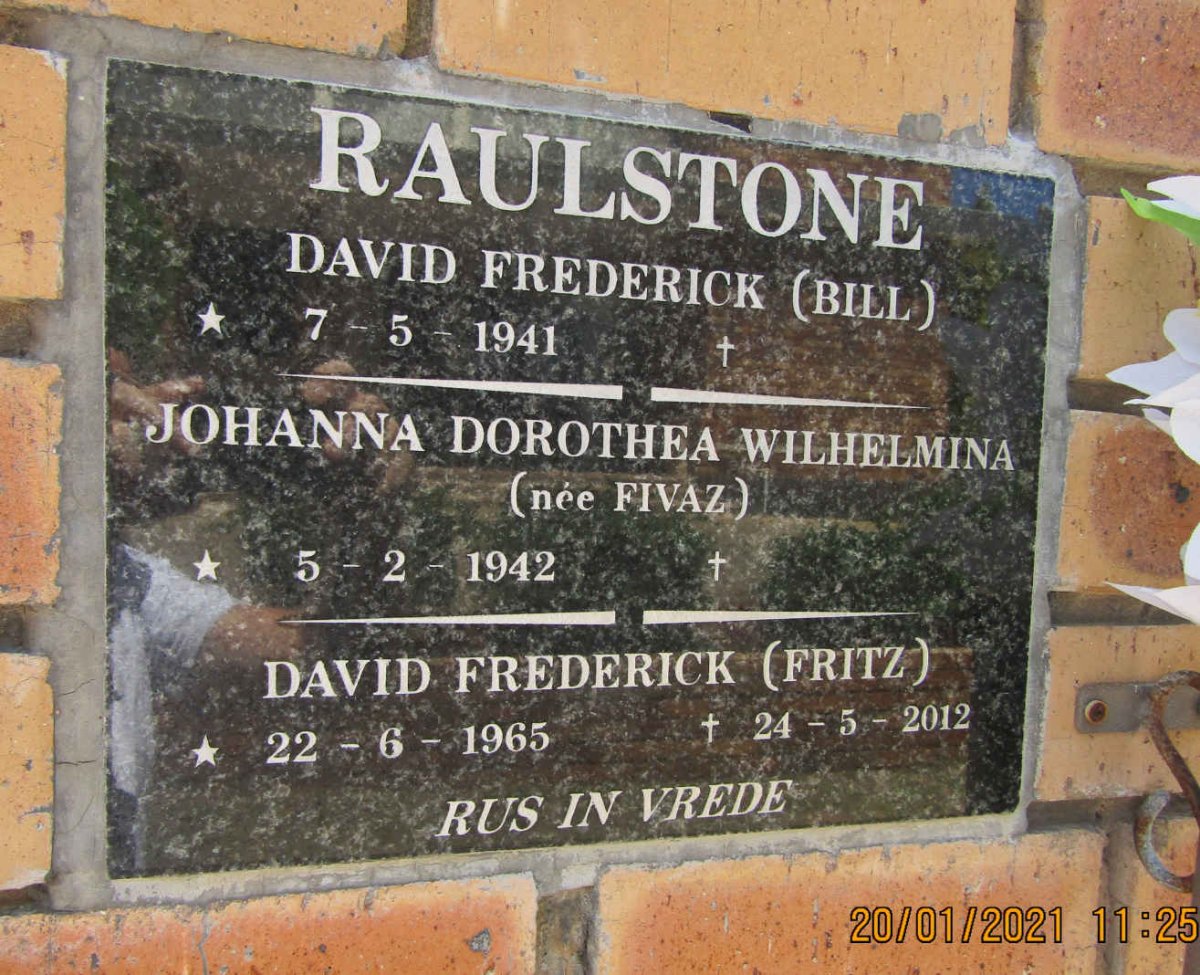 RAULSTONE David Frederick 1941- &amp; Johanna Dorothea Wilhelmina FIVAZ 1942- :: RAULSTONE David Frederick 1965-2012