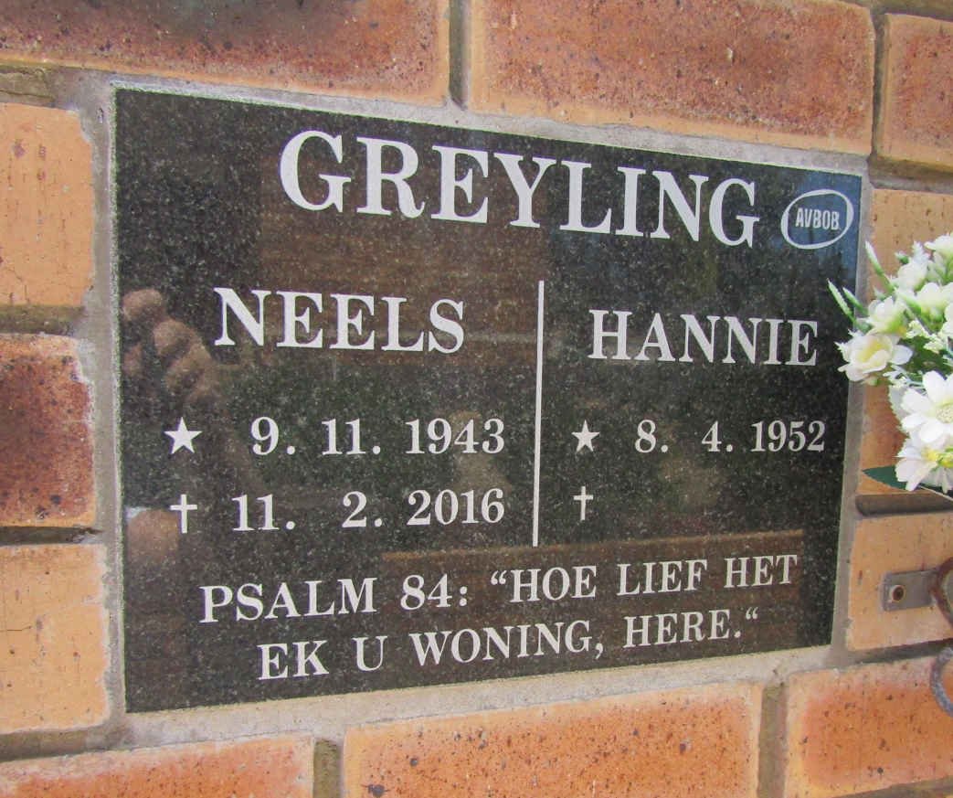 GREYLING Neels 1943-2016 &amp; Hannie 1952-
