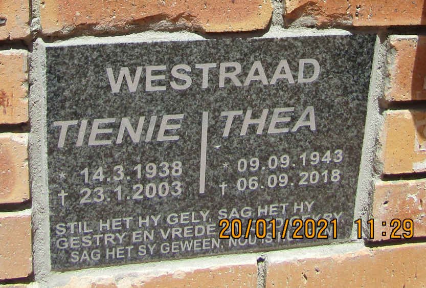 WESTRAAD Tienie 1938-2003 &amp; Thea 1943-2018