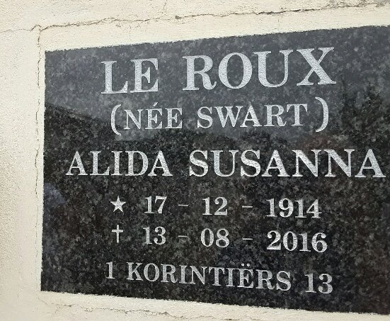 ROUX Alida Susanna, le nee SWART 1914-2016