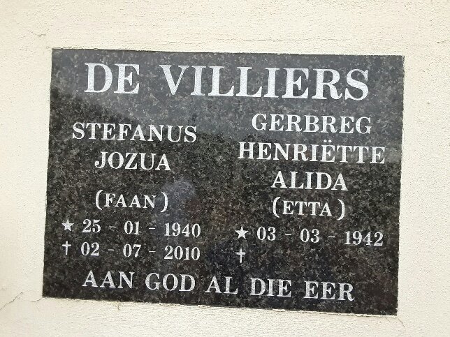 VILLIERS Stefanus Jozua, de 1940-2010 &amp; Gerbreg Henriëtte Alida 1942-