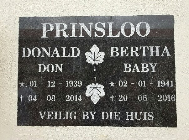PRINSLOO Donald 1939-2014 &amp; Bertha 1941-2016