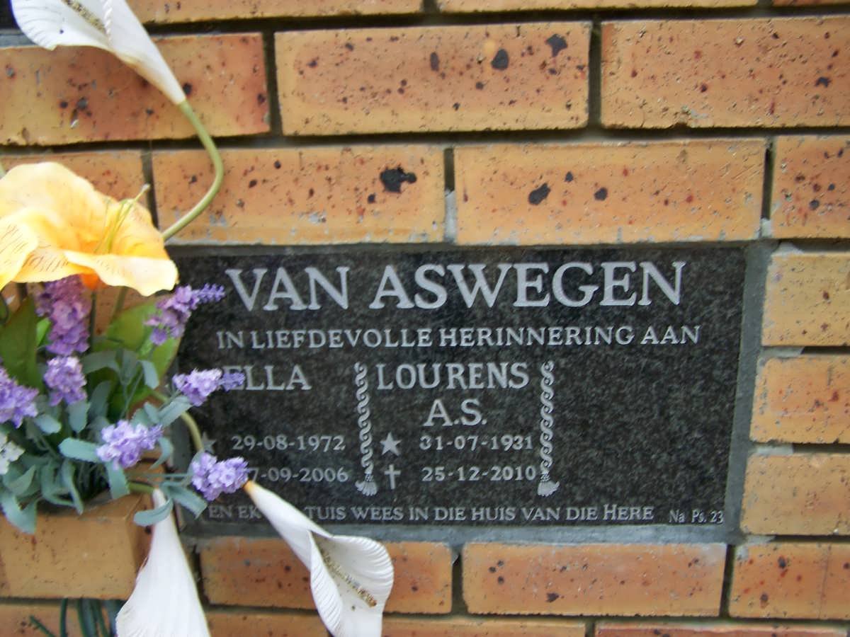 ASWEGEN Lourens A.S., van 1931-1010 :: VAN ASWEGEN Ella 1972-2006