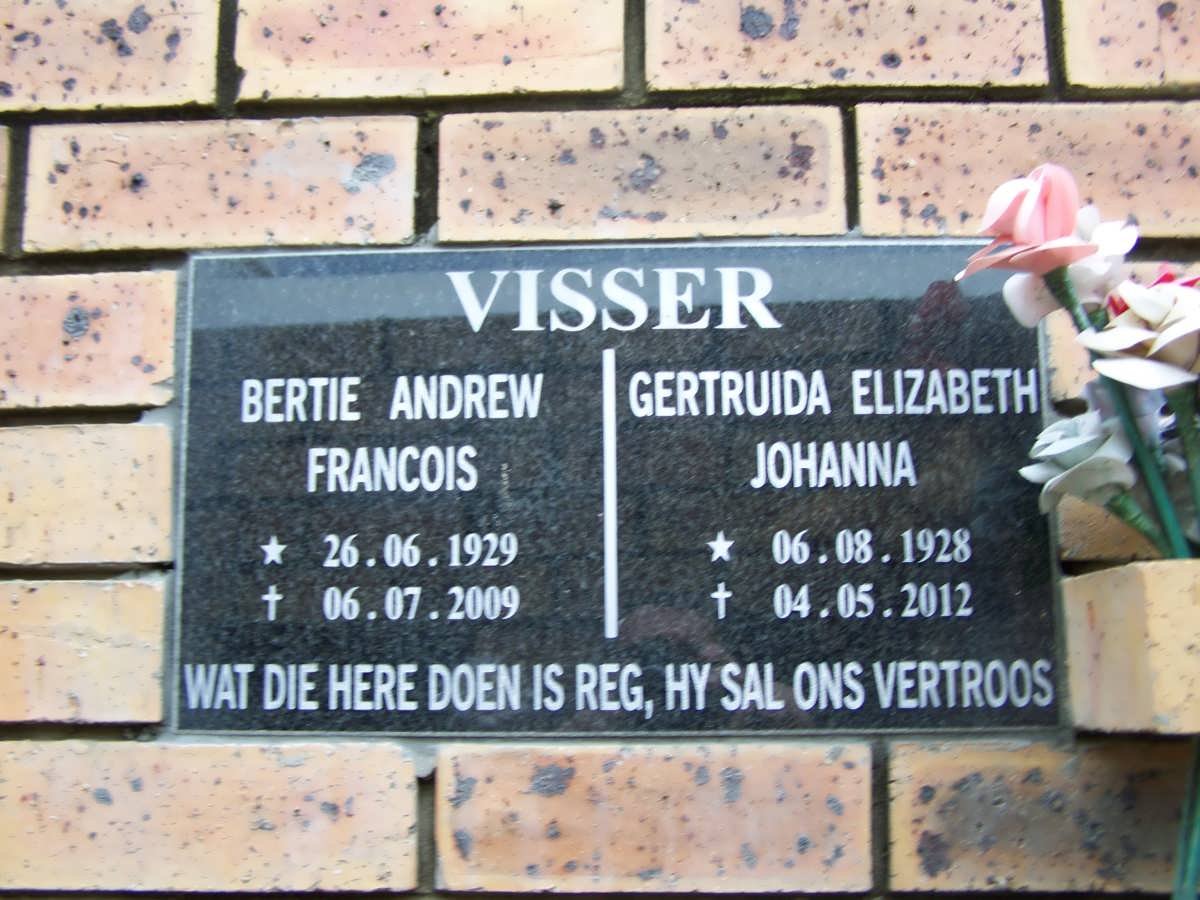 VISSER Bertie Andrew Francois 1929-2009 &amp; Gertruida 1928-2012