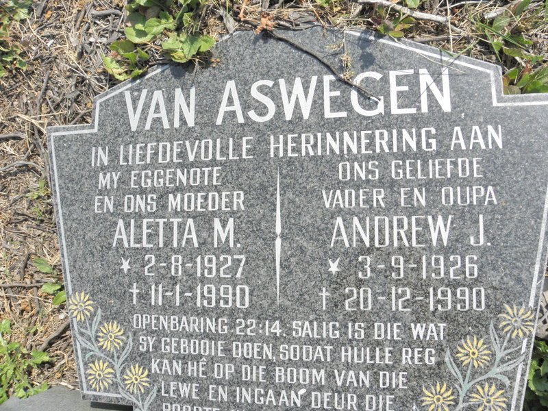 ASWEGEN Andrew J., van 1926-1990 &amp; Aletta M. 1927-1990