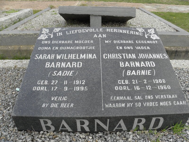 BARNARD Christian Johannes 1908-1960 &amp; Sarah Wilhelmina 1912-1995