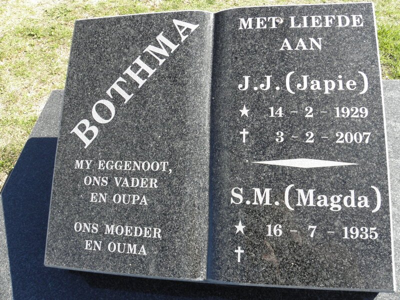 BOTHMA J.J. 1929-2007 &amp; S.M. 1935-