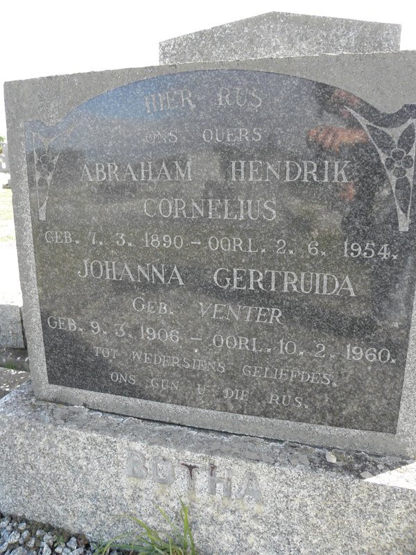 BOTHA Abraham Hendrik Cornelius 1890-1954 &amp; Johanna Gertruida VENTER 1906-1960